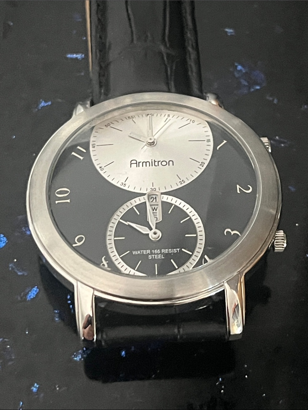 Armitron Silver and Black Dual-Dial Leather Watch